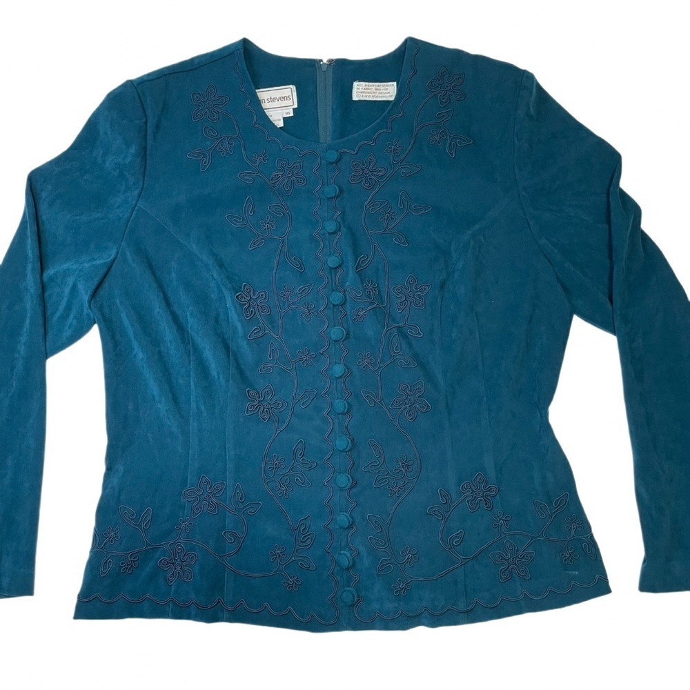 Karin Stevens VTG Embroidered Teal Velvet Long Sleeve Blouse Women's Size 16